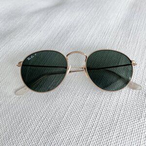 Ray-Ban RB3447 Gold Round Polarized Metal Sunglasses Dark Gray Lens Classic